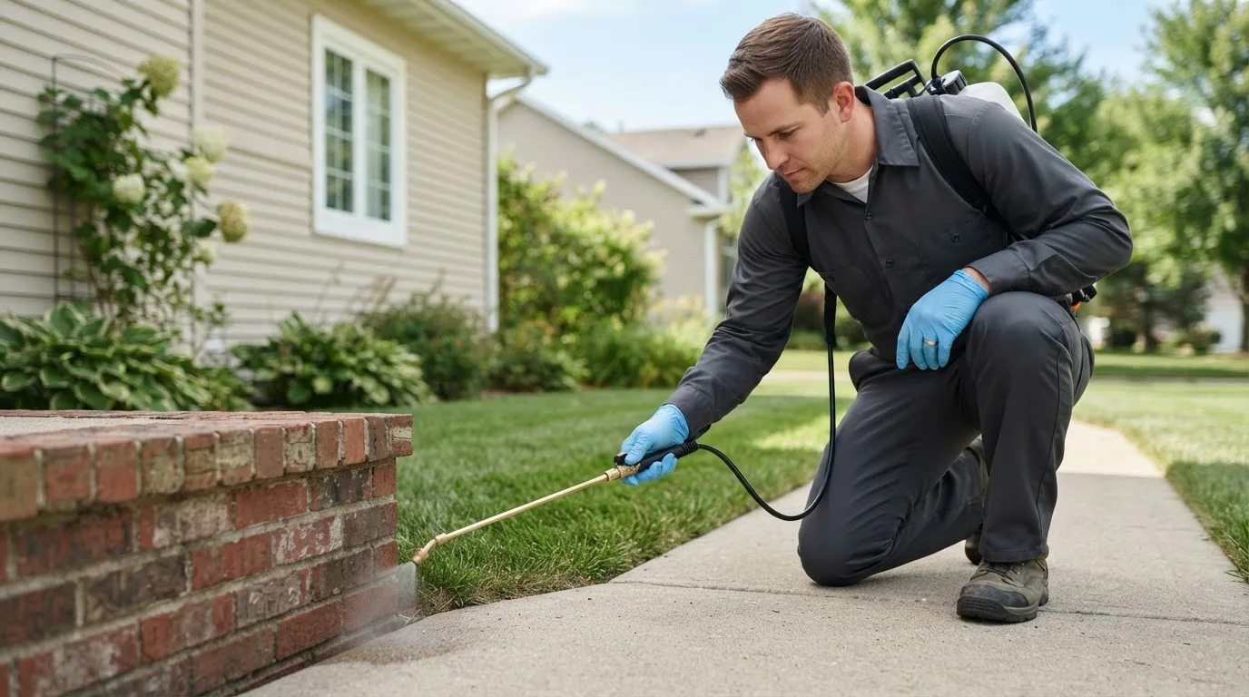 Pest control technician treating a home near Holmes, PA
